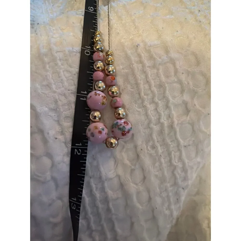 Vintage Pink Floral Art Glass Bead Necklace Silver Tone Magnetic Clasp 18" - Picture 10 of 11